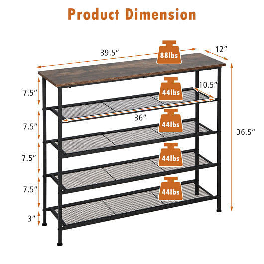 Industrial Adjustable 5-Tier Metal Shoe Rack with 4 Shelves for 16-20 Pairs